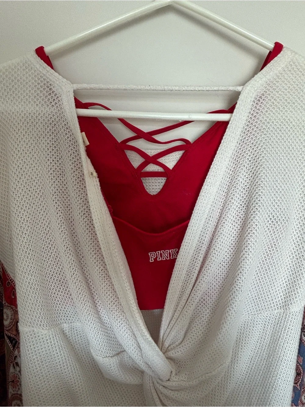 Boutique White Knit Top with Red Paisley Sleeves, Strappy bra, matching pant set